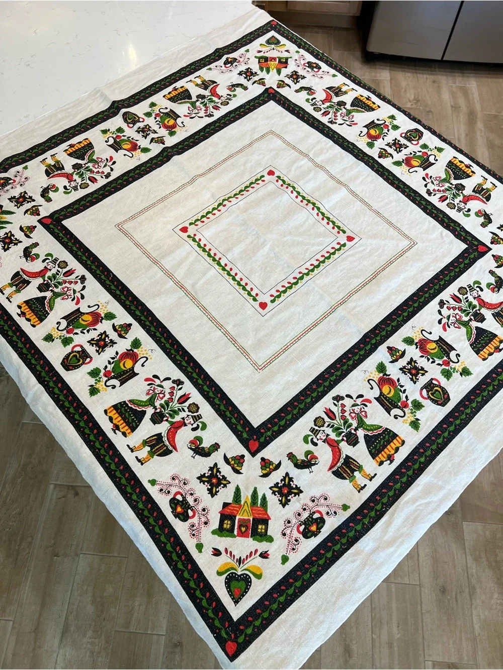 Vintage Pennsylvania Dutch Folk Art Card Tablecloth 48x48 Linen